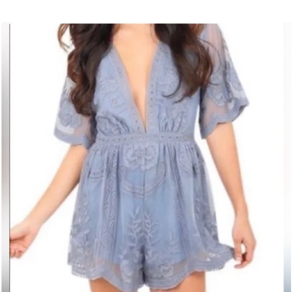 Honey Punch Dusty Blue Lace Romper deep v neck